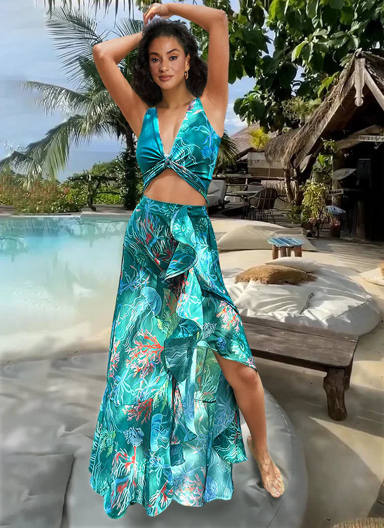 Reversible Marine Print Bikini Set with Matching Skirt