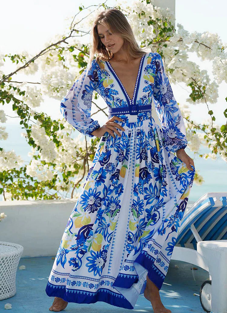 Women's Lemon Print Long Sleeve One-Piece Swimsuit with Skirt