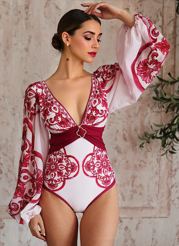 Long-Sleeve Majolica Print Swimsuit with Skirt or Shorts