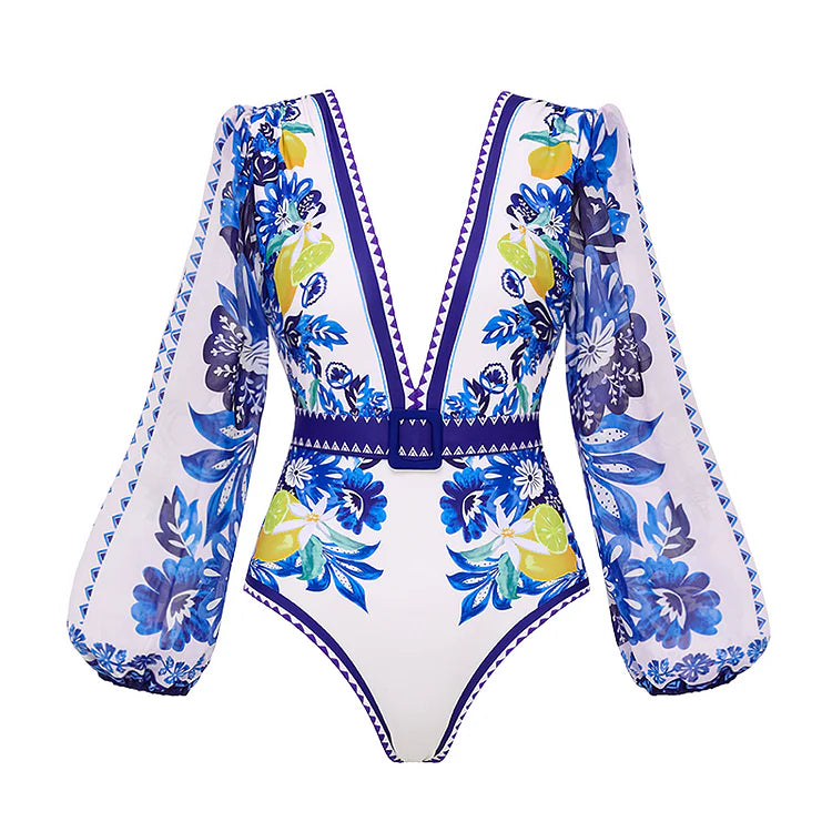Women's Lemon Print Long Sleeve One-Piece Swimsuit with Skirt