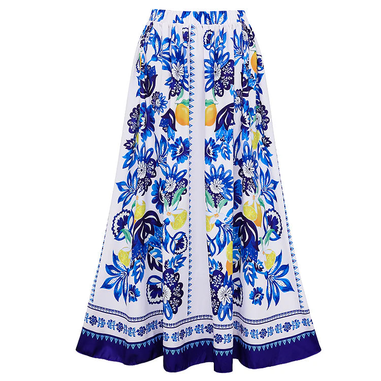 Women's Lemon Print Long Sleeve One-Piece Swimsuit with Skirt