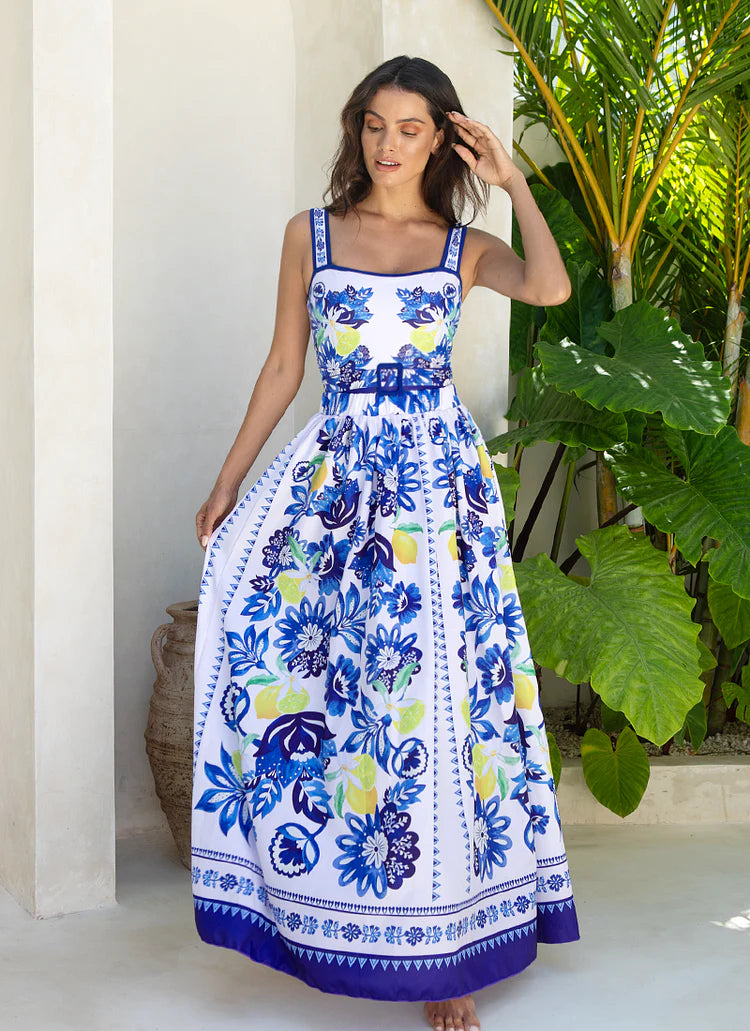 Women's Lemon Print Long Sleeve One-Piece Swimsuit with Skirt