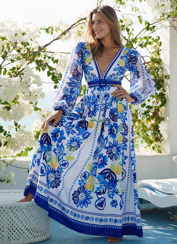 Women's Lemon Print Long Sleeve One-Piece Swimsuit with Skirt