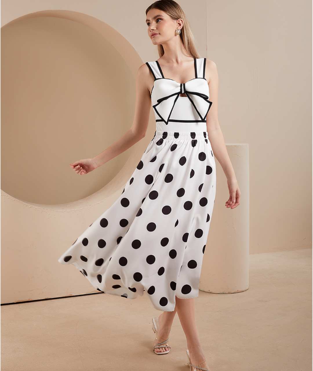 Polka Dot One-Piece Swimsuit with Bow & Skirt