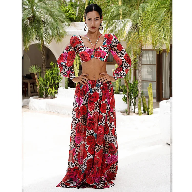 Long Sleeves Leopard Print High-Waist Bikini