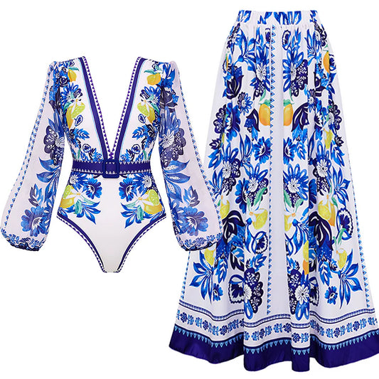 Women's Lemon Print Long Sleeve One-Piece Swimsuit with Skirt