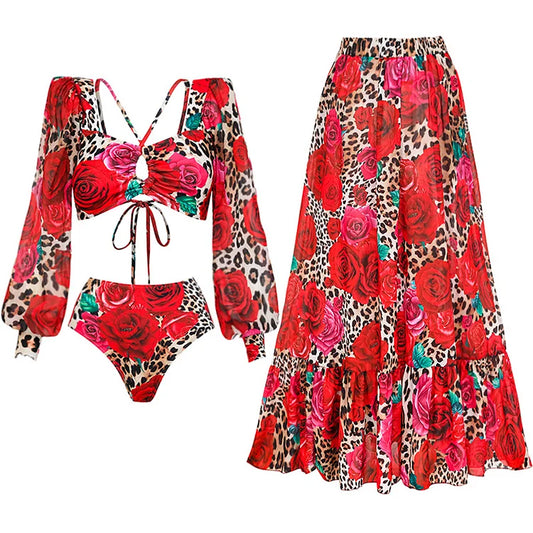 Long Sleeves Leopard Print High-Waist Bikini