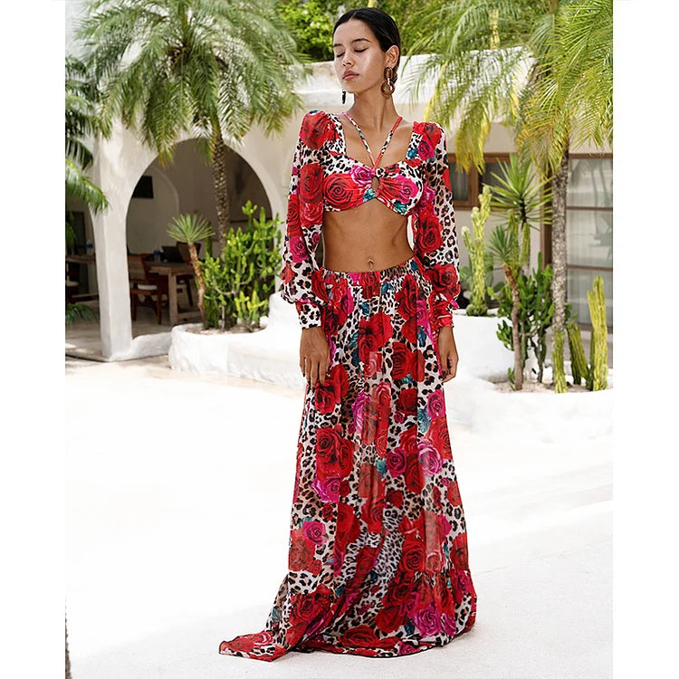 Long Sleeves Leopard Print High-Waist Bikini