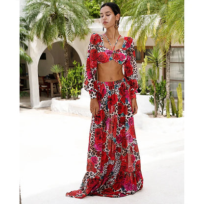 Long Sleeves Leopard Print High-Waist Bikini