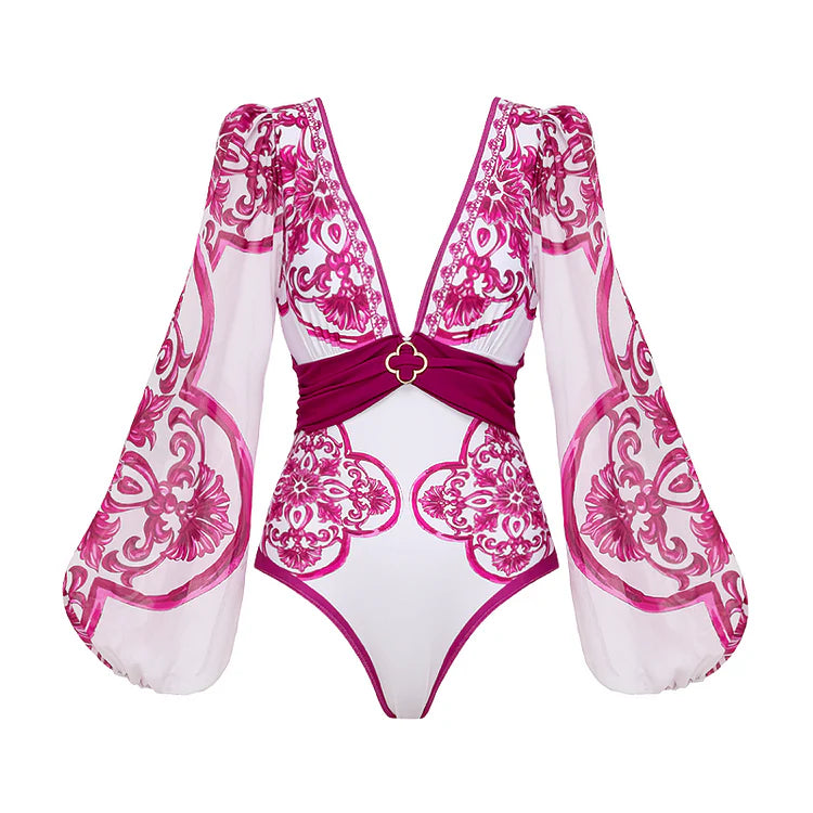 Long-Sleeve Majolica Print Swimsuit with Skirt or Shorts