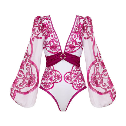 Long-Sleeve Majolica Print Swimsuit with Skirt or Shorts