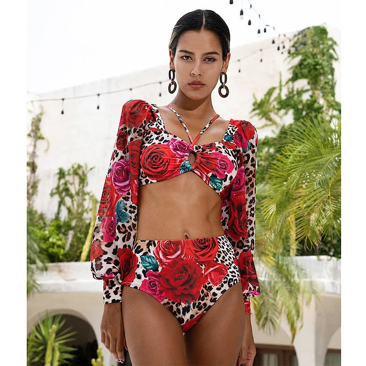 Long Sleeves Leopard Print High-Waist Bikini
