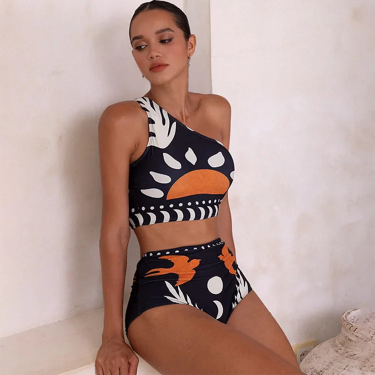 One-Shoulder High-Waist Bikini with Skirt or Pants