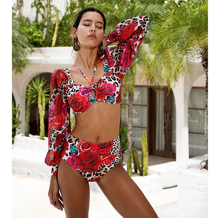Long Sleeves Leopard Print High-Waist Bikini