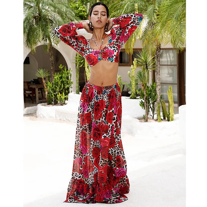 Long Sleeves Leopard Print High-Waist Bikini