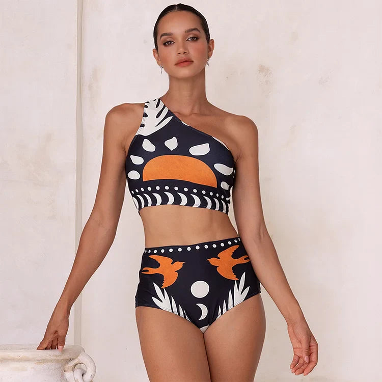 One-Shoulder High-Waist Bikini with Skirt or Pants