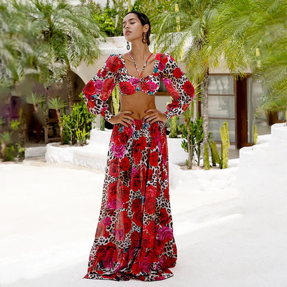 Long Sleeves Leopard Print High-Waist Bikini