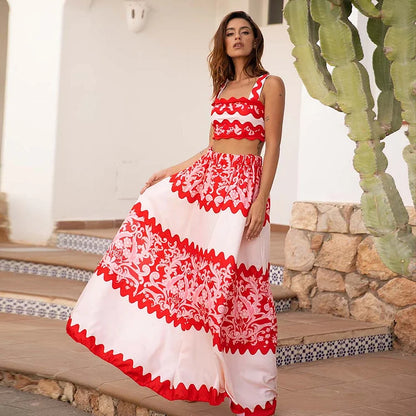 Red Wavy Stripe Bikini Set with Matching Skirt