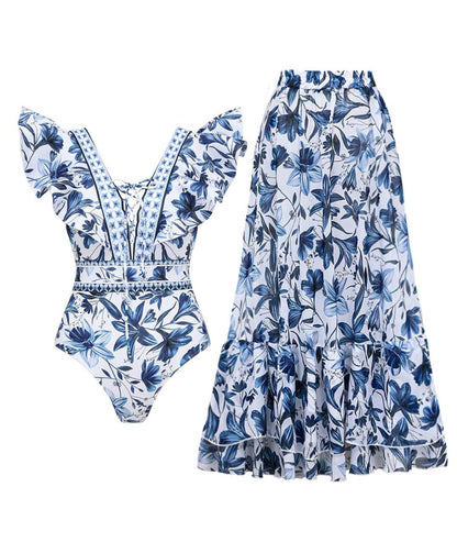 Quick-Dry One-Piece Swimsuit with Matching Skirt