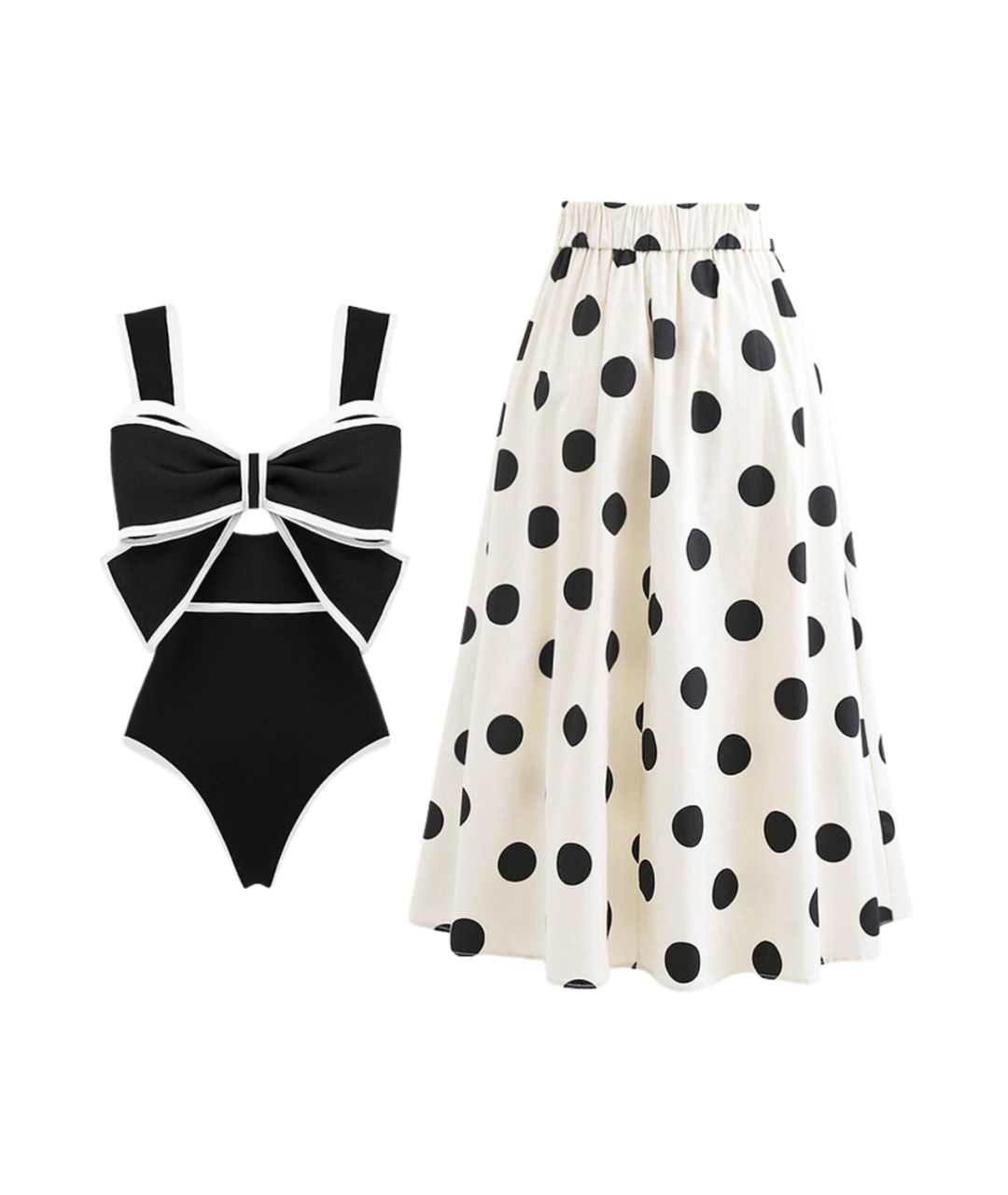Polka Dot One-Piece Swimsuit with Bow & Skirt