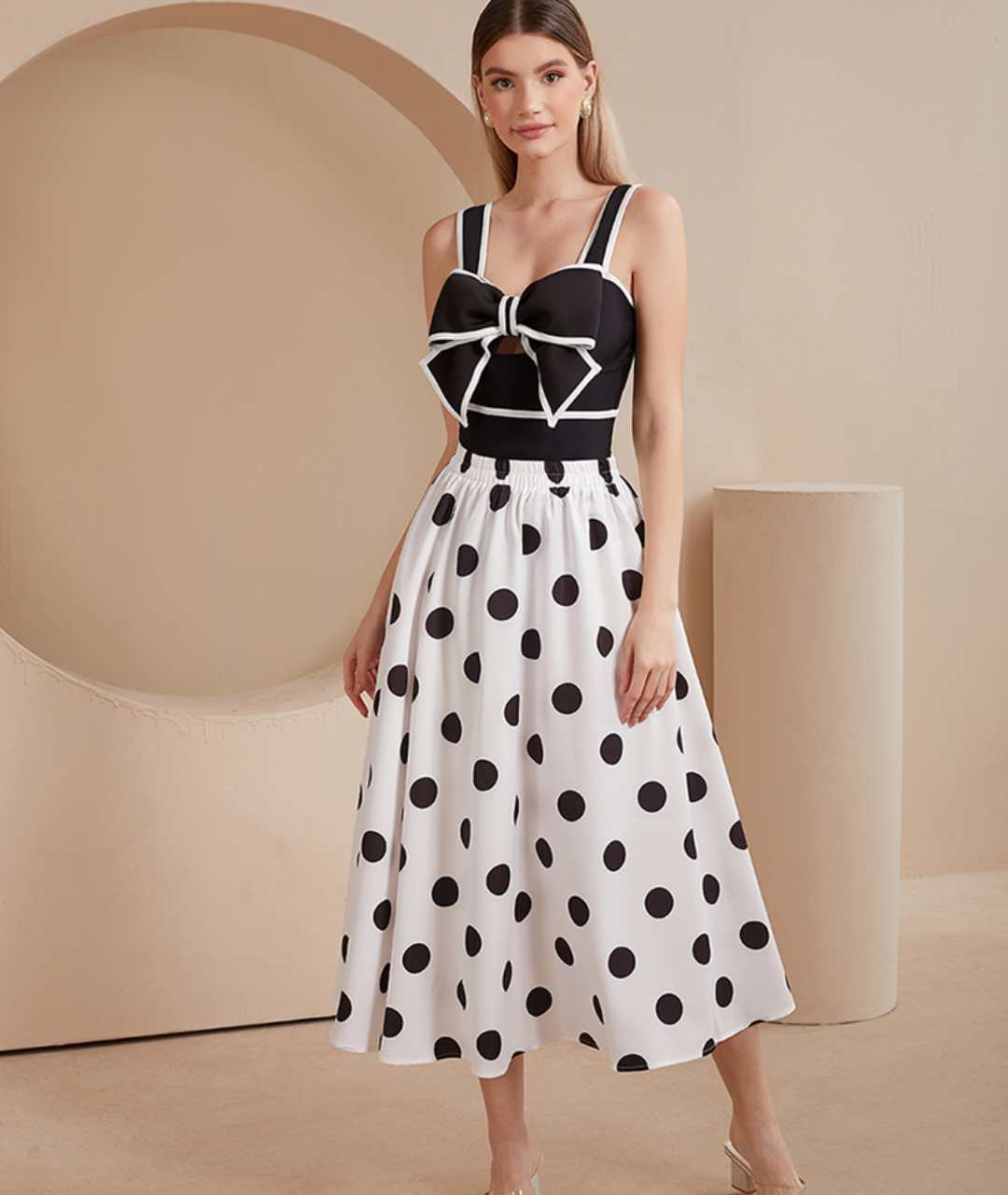 Polka Dot One-Piece Swimsuit with Bow & Skirt