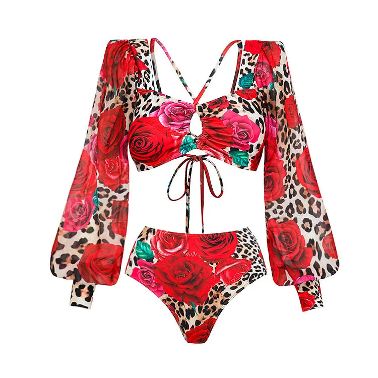 Long Sleeves Leopard Print High-Waist Bikini