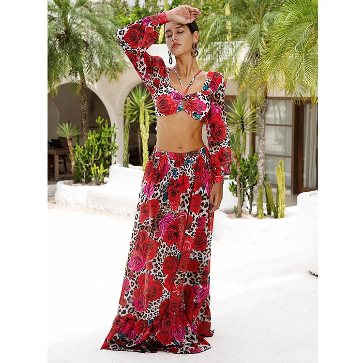Long Sleeves Leopard Print High-Waist Bikini
