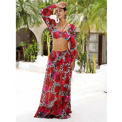 Long Sleeves Leopard Print High-Waist Bikini