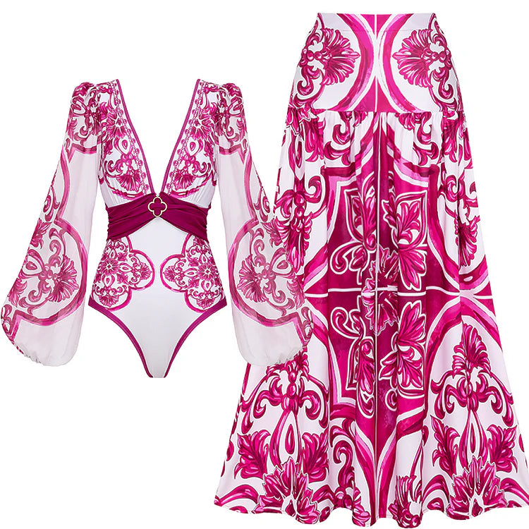 Long-Sleeve Majolica Print Swimsuit with Skirt or Shorts