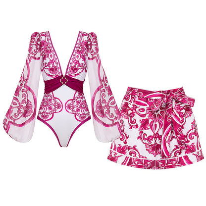 Long-Sleeve Majolica Print Swimsuit with Skirt or Shorts