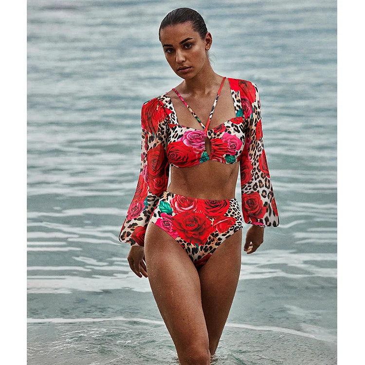 Long Sleeves Leopard Print High-Waist Bikini