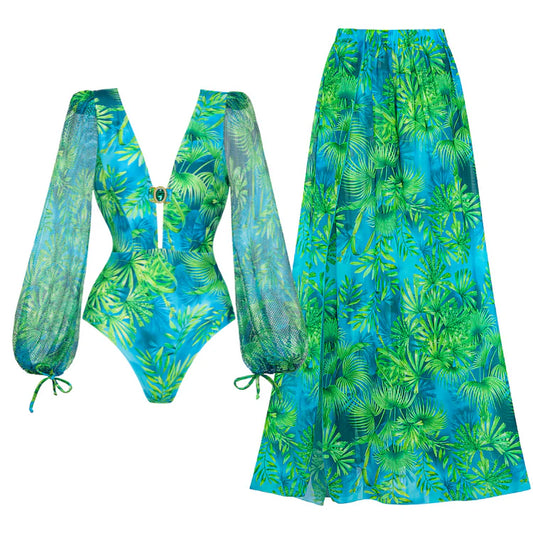 Mesh Long-Sleeve One-Piece Swimsuit with Jungle Print