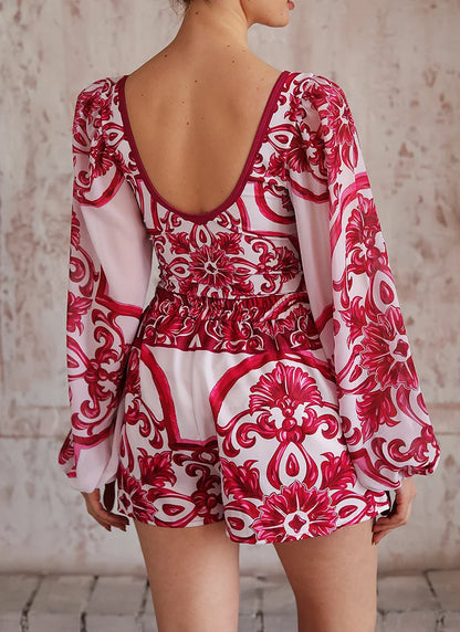 Long-Sleeve Majolica Print Swimsuit with Skirt or Shorts