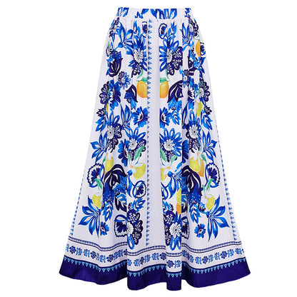 Women's Lemon Print Long Sleeve One-Piece Swimsuit with Skirt
