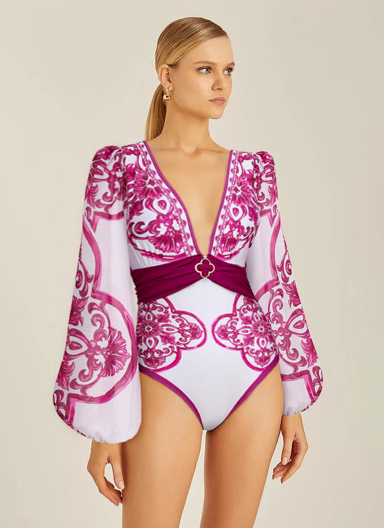 Long-Sleeve Majolica Print Swimsuit with Skirt or Shorts