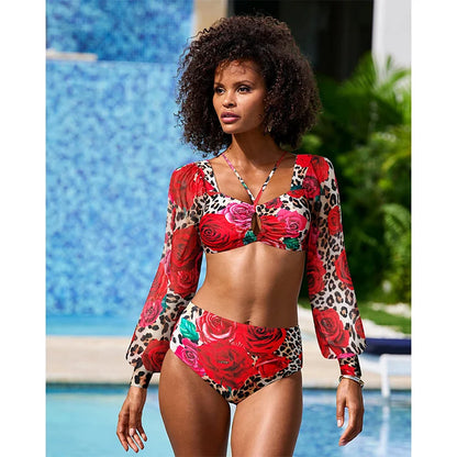 Long Sleeves Leopard Print High-Waist Bikini