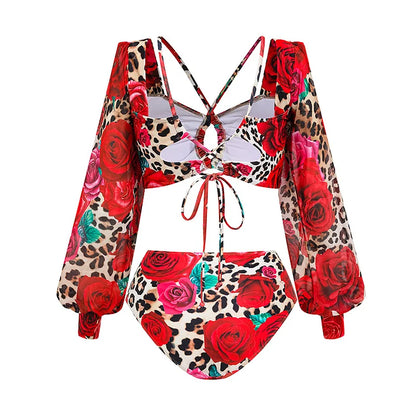 Long Sleeves Leopard Print High-Waist Bikini