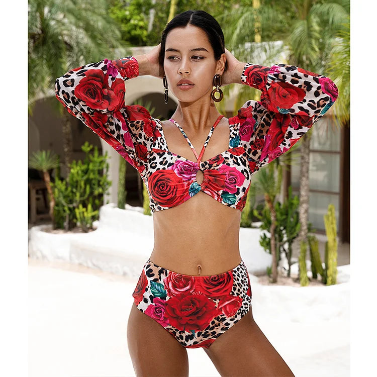Long Sleeves Leopard Print High-Waist Bikini