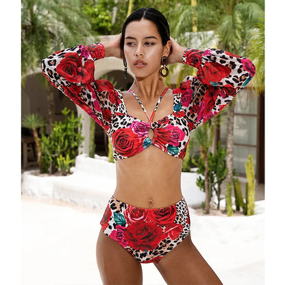 Long Sleeves Leopard Print High-Waist Bikini